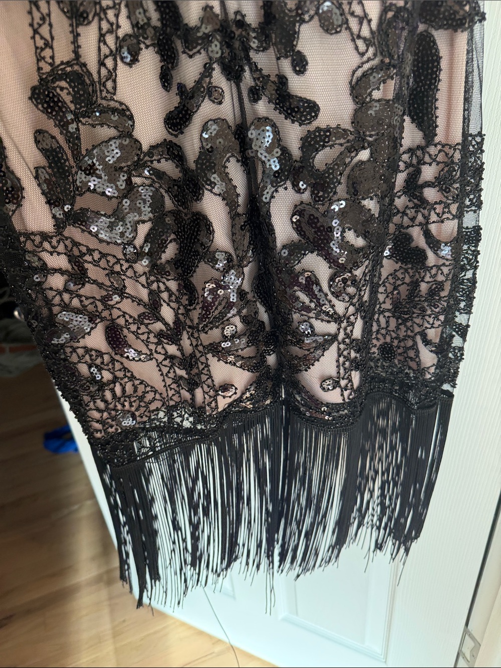 Unique Vintage Blush and Black Beaded Fringe Midi Dress - Picture 4 of 4